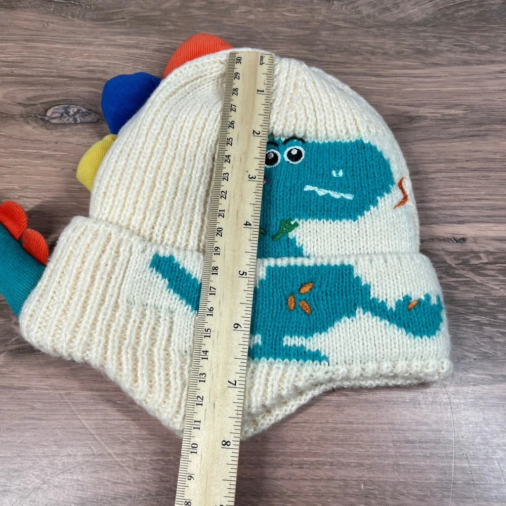 Dinosaur Beanie Kids OS Cream Teal 3D Spikes Thick Earflap Knit Hat
